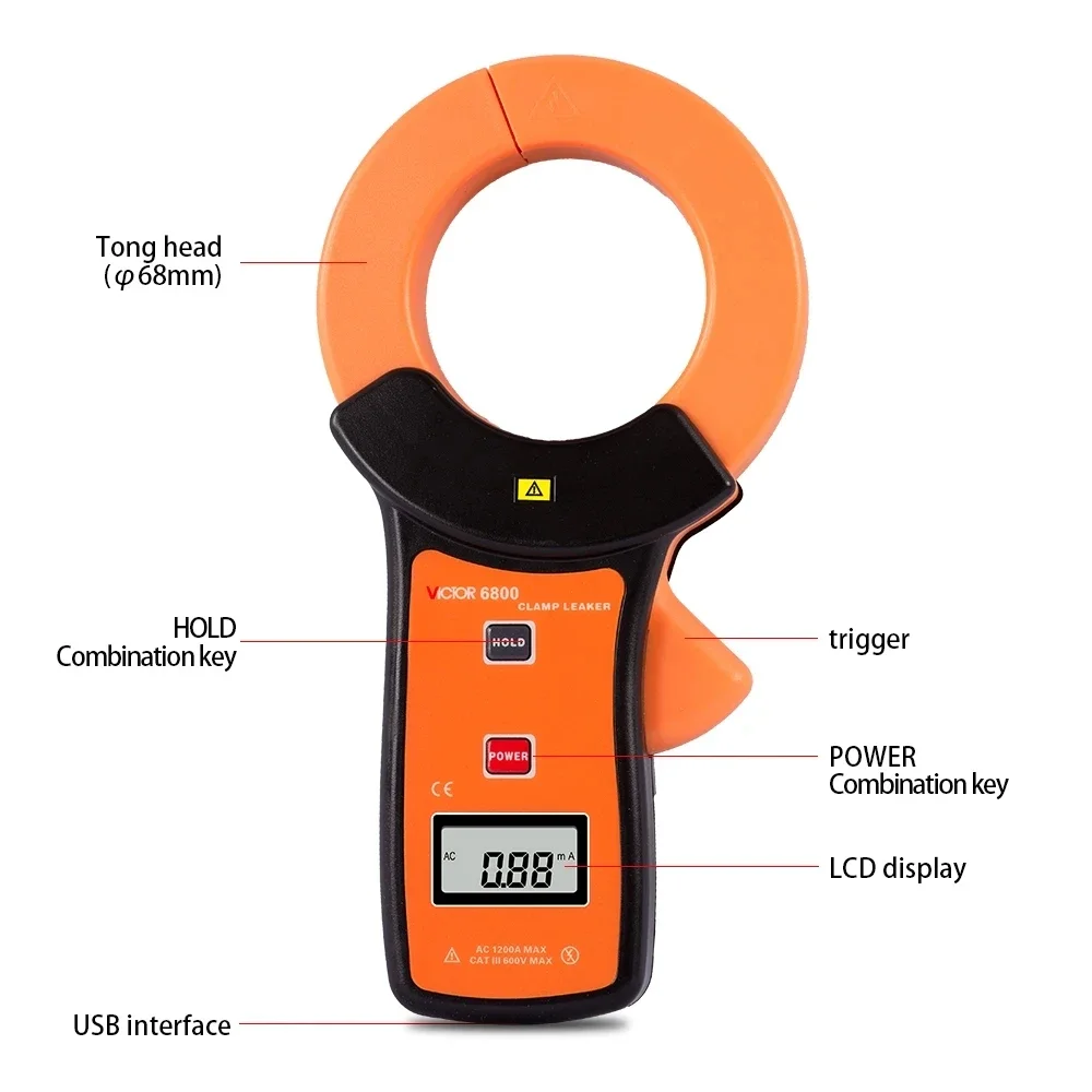 RuoShui 6800 Digital Leakage Current Tester 600V Data Storage Ammeter Auto Range Peak Hold High Sensitivity 0.01mA Clamp Meter