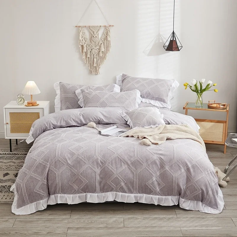 Boho Flower Cutting Bedding Set Geometric Textured Ruffles Duvet Cover Set Skin-friendly Comfortable Princess Style Quilt Covers
