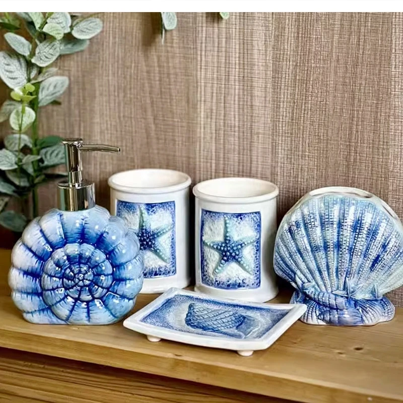 Blue conch ceramic bathroom 5-piece set Hand sanitizer bottle cup toothbrush holder Soap dish toiletry