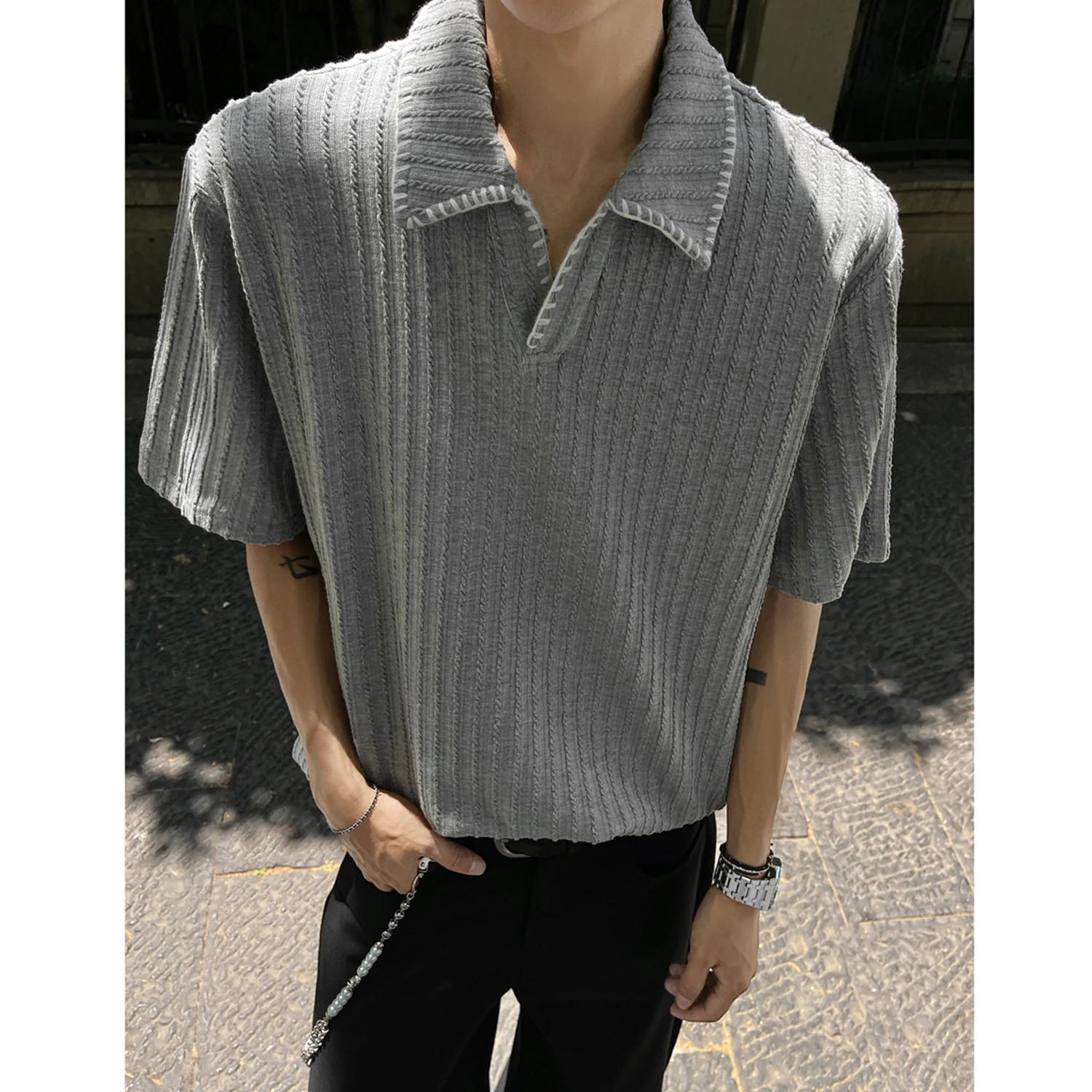 

High Street Jacquard Knitted Polo Shirt for Men Retro Short Sleeve Lapel Casual T-shirts Loose Streetwear Harajuku T-shirt 2025