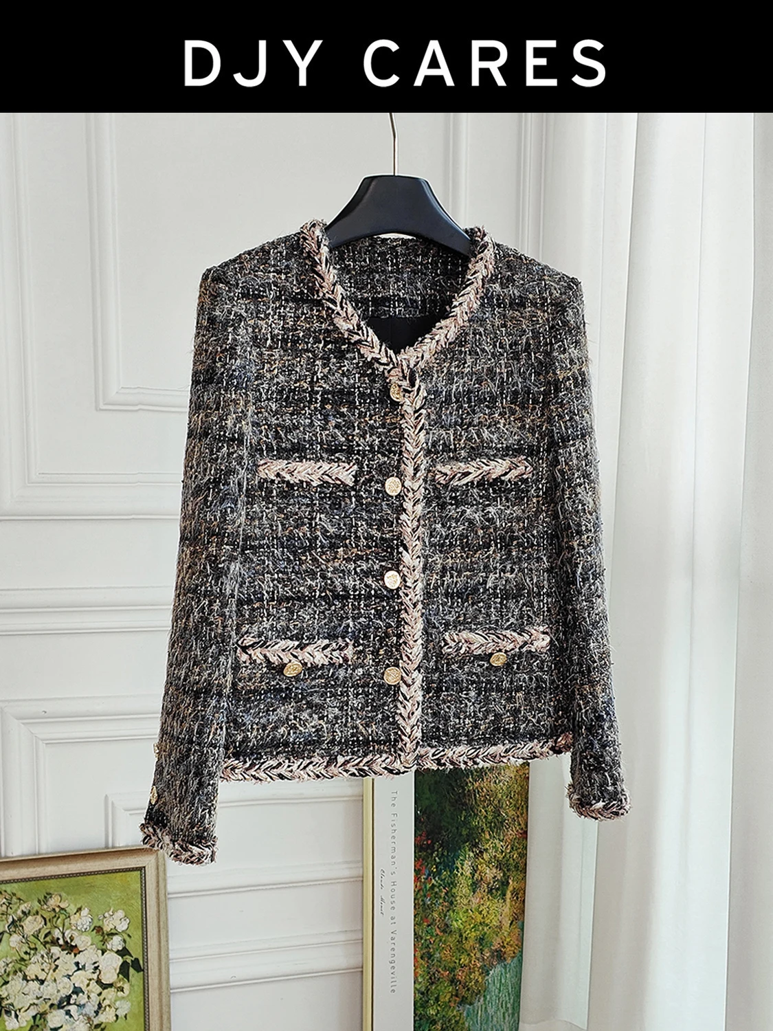 New Exquisite brown grid mixed color coarse woolen coat, fashionable top big  size