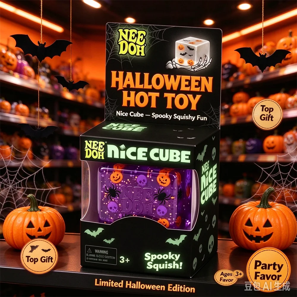 New Spooky Squish NeeDoh Nice Cube Halloween Fidget Sensory Toy, Soft Squishy Cube Stress Relief Halloween Party Favor