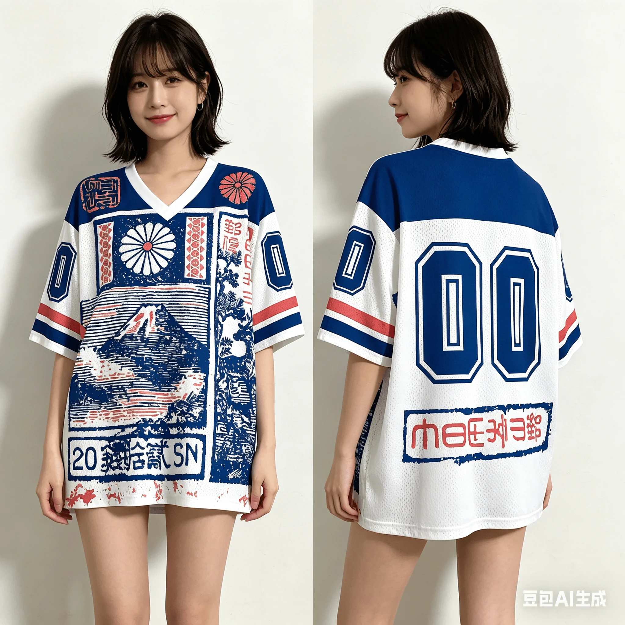 Japanese Ukiyo-e Mount Fuji Jersey Retro Woodblock Print Blue and White Mesh V-neck T-shirt for Adults and Children Casual Top