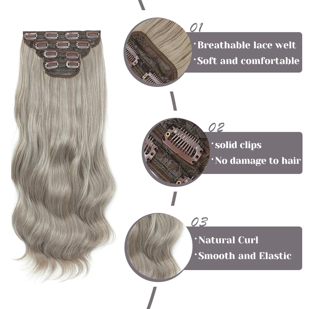 Clip In Hair Extensions 4 PCS Full Head 22 Inch Long Curly Synthetic Hair Pieces Natural Water Wavy For Women Girls Hair