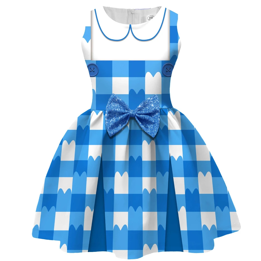 Cartoon Anime Girls Gabby Cosplay Costume Summer Kids Blue Plaid Casual Dress Festival Party Princess Dress Up Cat Ears Headwear