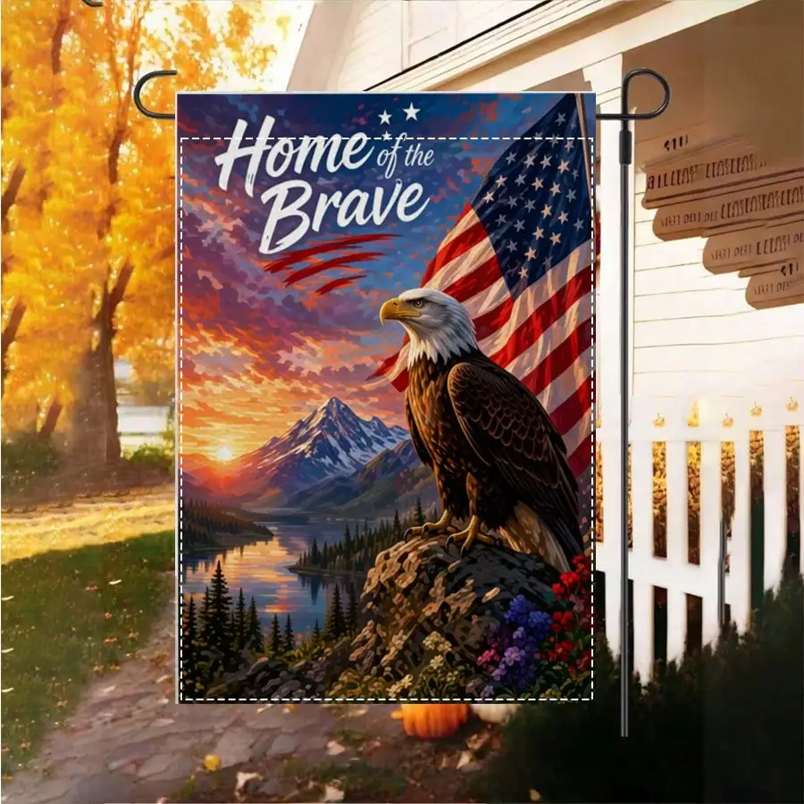 

1pcPatriotic Garden Flag with American Flag, Bald Eagle, Mountain Sunset, Home of the Brave Text, Outdoor Lawn Patio Decor for Patriotic Occasions