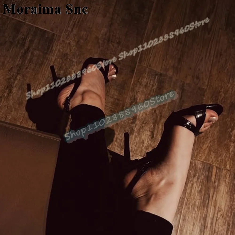 

Slingback Black Glossy Leather Cross Strip Sandals Thin High Heel Shoes For Women Back Strap Open Toe Sexy Casual Party Sandals