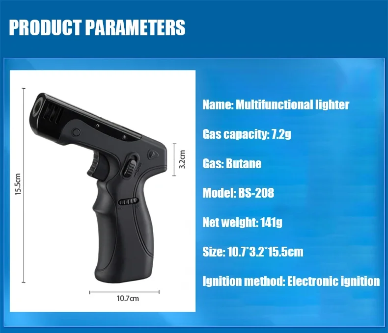 Description Picture 6 of itemKitchen Gun Turbo Windproof Lighter Cigar Bbq Camping 1300C Torch With Adjustable Blue Flame Size Safety Lock Powerful Gadgets