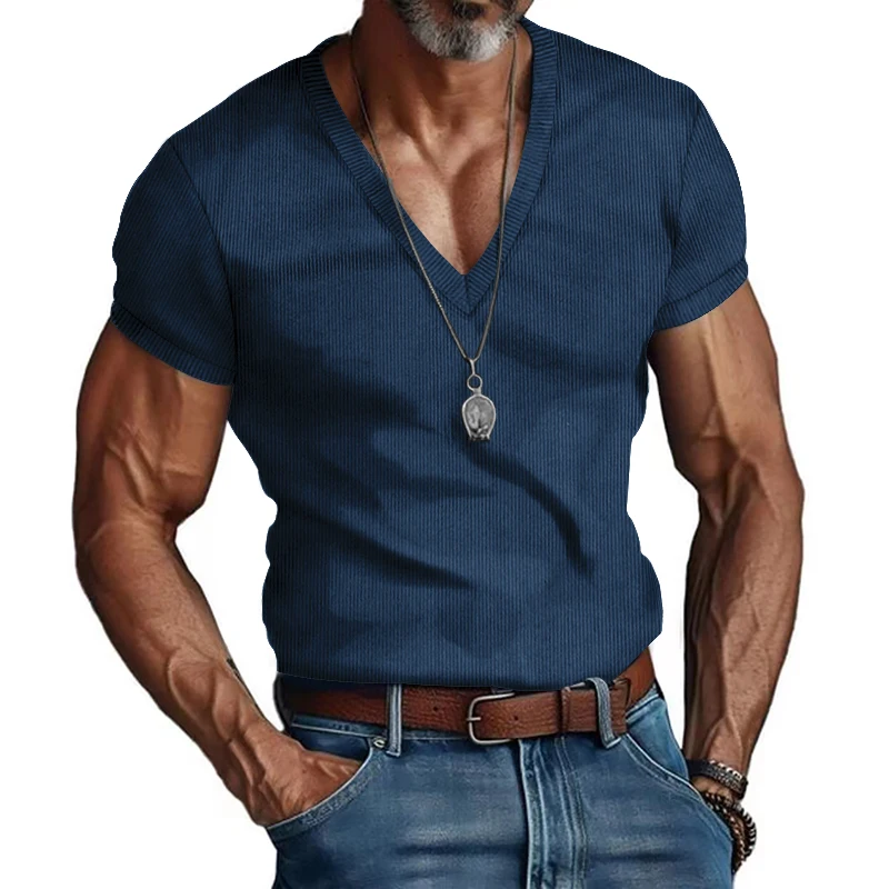 Men's corduroy T European and American summer men's clothing V-neck solid color slim fit casual T-shirt short sleeved top image 2