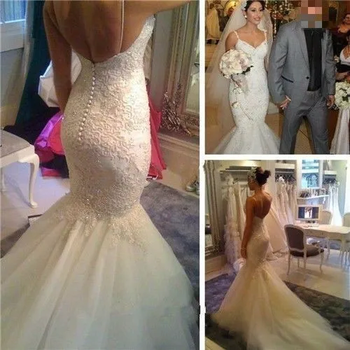 Customized V-Neck Spaghetti Straps Vestido De Noiva Mermaid Backless Court Train Appliques Ivory Wedding Gowns Dress