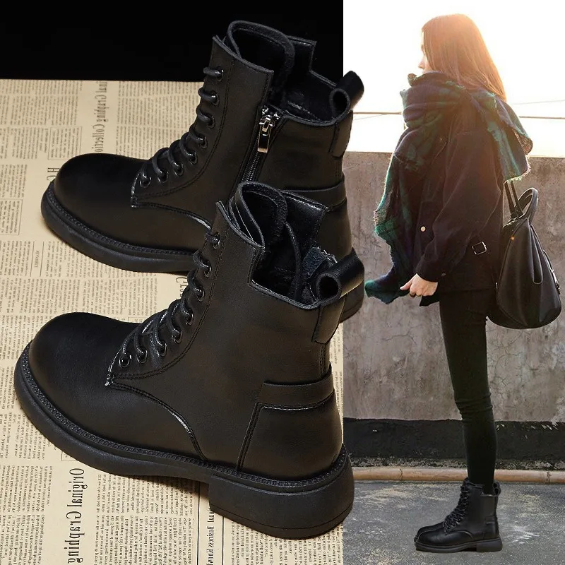 Fashion Women Ankle Boots Spring Slip On Platform Leather Boots Motorcycle Retro Boots Britain Ladies Shoes Batos Mujer Hot Sale