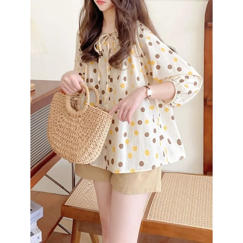 

Women's Summer New Blouse Loose Korean Style Sweet Tie Neck Puff Sleeve Polka Dot Cotton Shirt