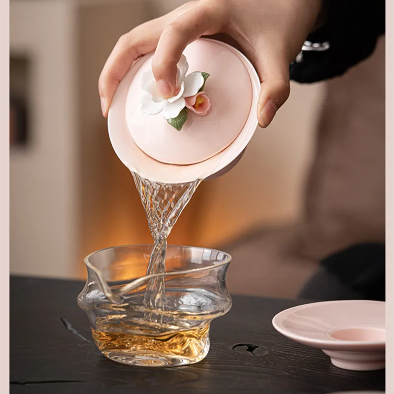 Creative Hand-kneading Flowers Ceramic Gaiwan Handmade Suede Jade Porcelain Tea Tureen Teacup Household Tea Bowl Chinese Teaware