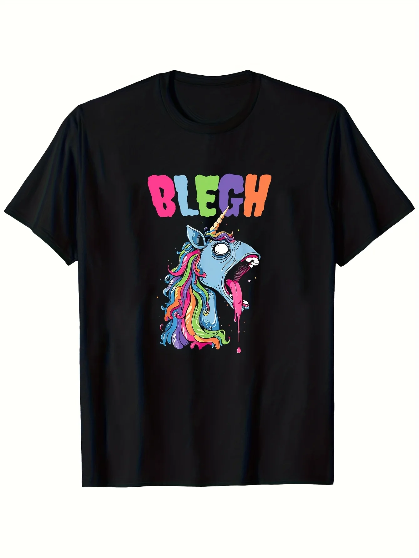 Men's Heavy Metal Graphic Tee- Humorous Blegh Design- Black Heavycore Shirt with Neon Pink, Purple, Blue, And Pink- Comfortable Top for Concerts And Casual Wear- Goth Metal Style Essential for Casual Outfits- Live Laugh Blegh Bleghssed Print