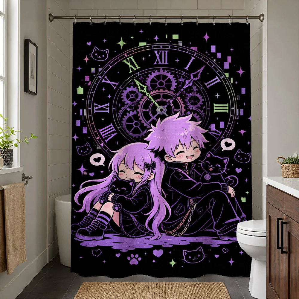Waterproof Anime Shower Curtain Bathroom Decor Steampunk Clock Gear Anime Girls Cartoon Purple Water Resistant Curtain Liner Hom