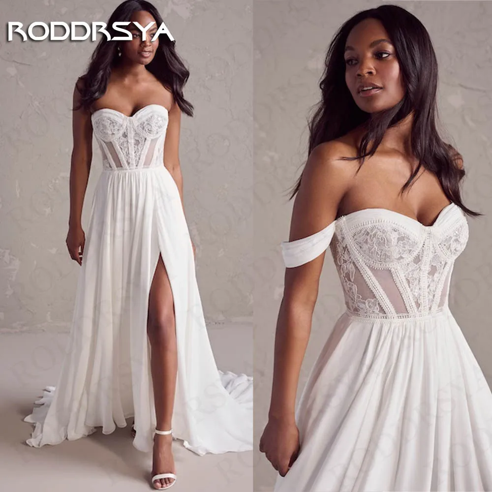 RODDRSYA Boho Wedding Dress 2024 Bride Lace Strapless Chiffon Split A Line Bridal Gown Off Shoulder Sweetheart robe de mariée