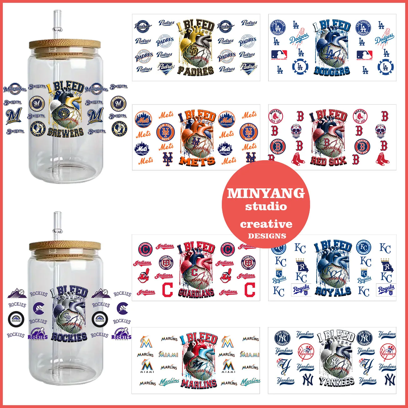 

Baseball team stickers peel waterproof DIY Decals 3D transfers uvdtf crystal stickers 16oz uv dtf cup wraps for Libbey Glasses