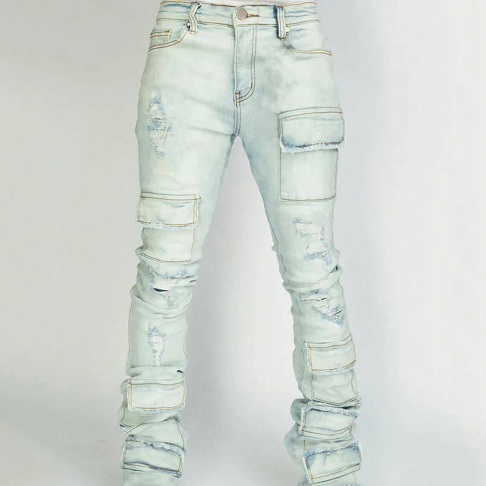 Men's Stacked Jeans Slim Fit Ripped Jeans Destroyed Straight Denim Pants Harajuku Hip Hop Trouser Fashion Streetwear