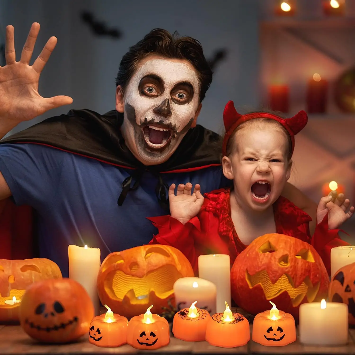 1-10PCS Flickering LED Pumpkin Tea Lights Halloween Jack O Lantern Battery Operated Lights for Fall Festival Night Party Decor