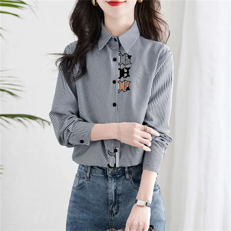 

Рубашка с вышивкой для женщин, полосатая блузка с кошачьим узором, топ OL, элегантная рубашка с лацканами, длинная осенняя хлопковая женская блузка на пуговицах