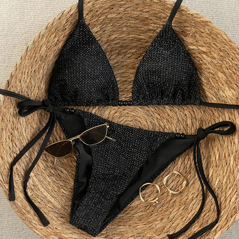 American Simple Classic Tie Up Bikini Women Summer Vacation Beach 2 Piece Swimsuit Black Side Type Brown Vintage Swimwear
