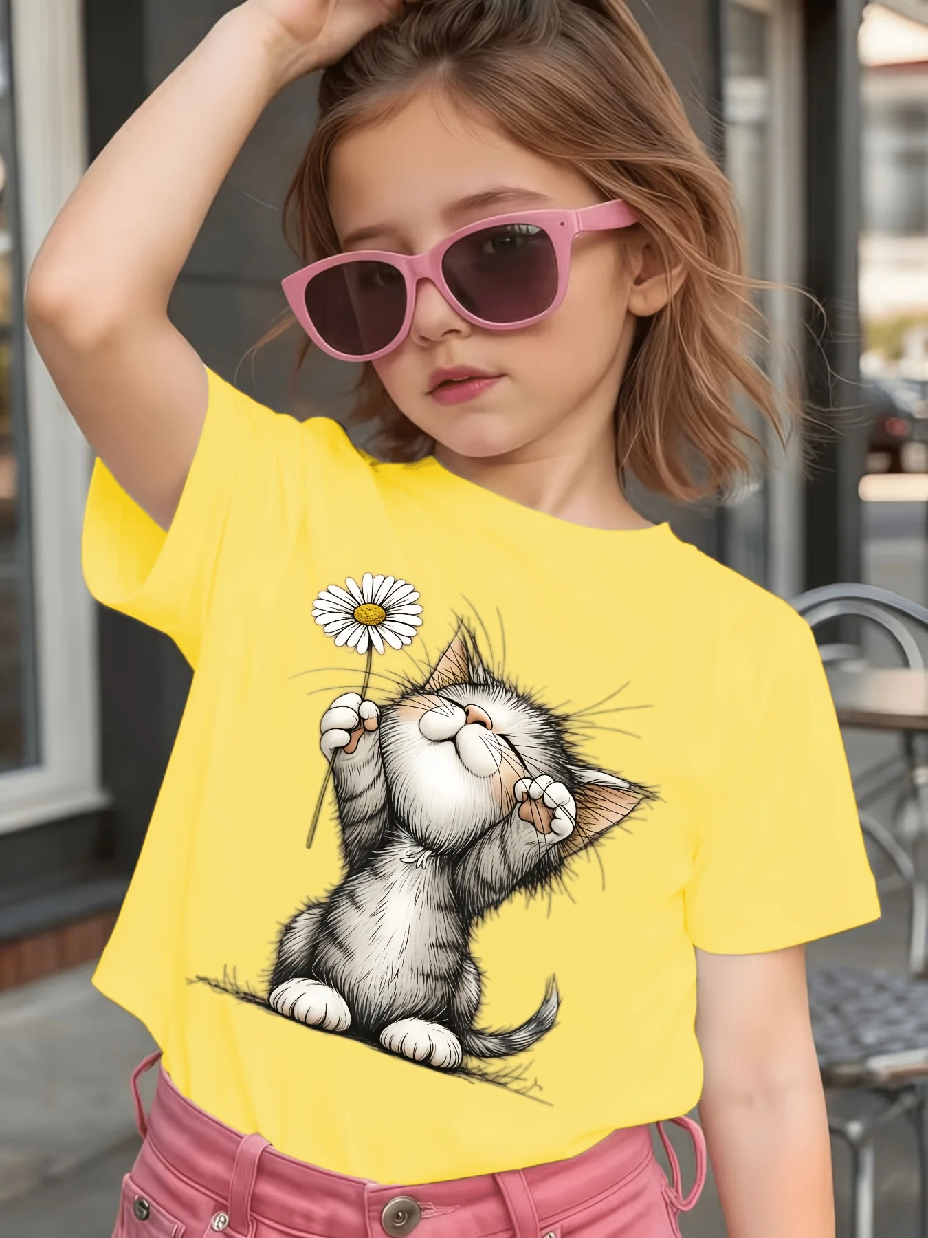 Cute Closed Eyes Tabby Cat Floral Graphic Kids T Shirt Boys Girls Family Matching Soft Cotton Daily Short Sleeve For Young Kids
