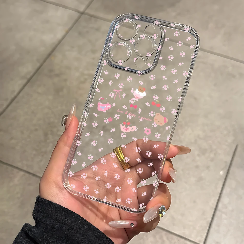 

Little Bear Pink Flower Silicone Phone Case for IPhone 17 16 15 14 13 12 11 Pro Xs Max Air Mini 7 8 6 6s Plus SE 2020 2022 Cover