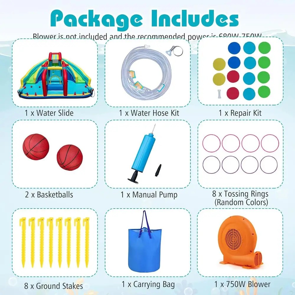 Iatable Water Slide, Giant Double Long Slide/Bounce House/Climbing Wall/Obstacle Course, Water Cannon, Splash Pool, Outdoor Blow