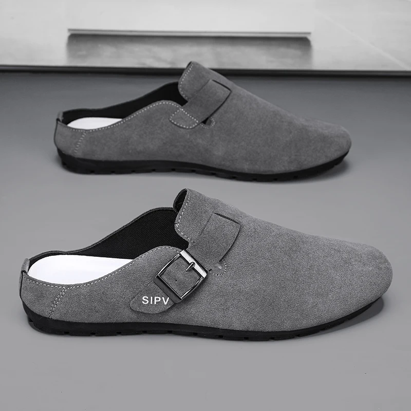 Zapatos de vestir caqui claro para hombre, calzado informal de cuero, mocasines sin espalda, Sandalias planas, Verano