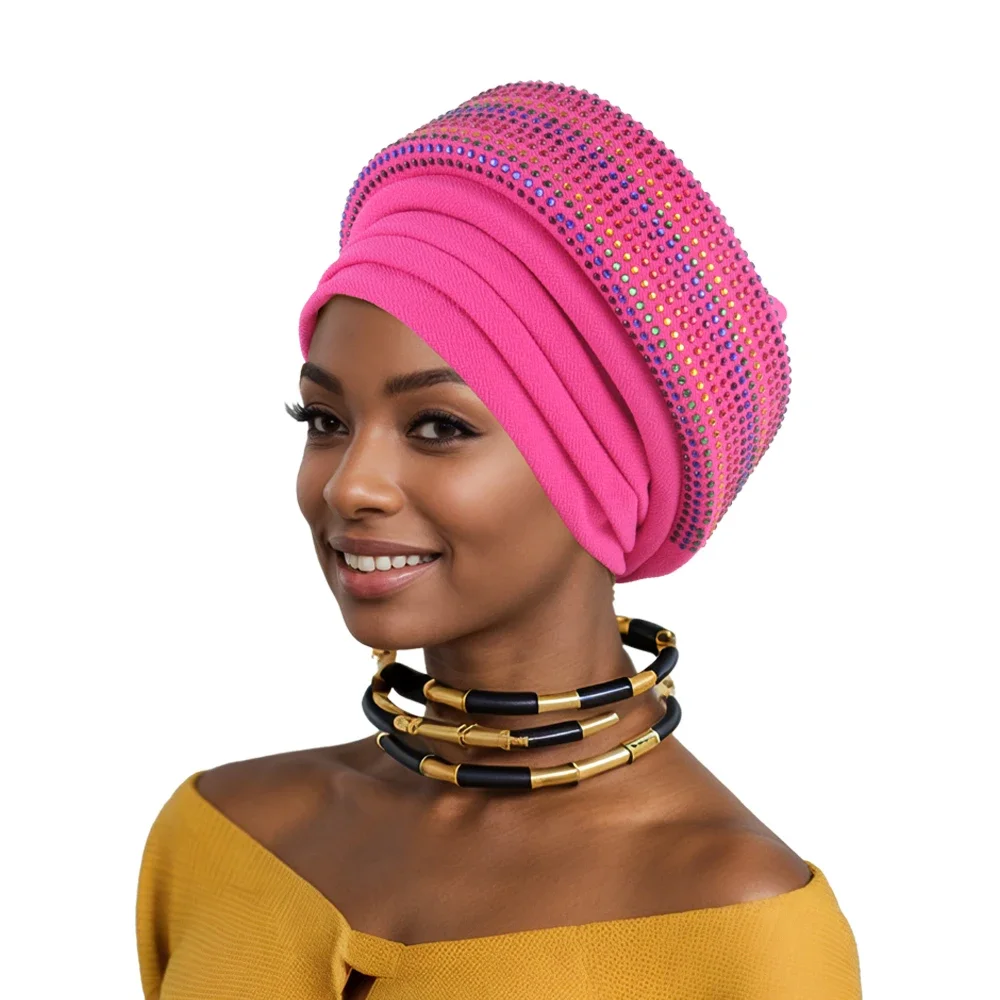 

African Turban Cap Diamonds Women's Autogele headtie Already Made Auto Gele Head Wraps Nigeria Wedding Headgear Turbante Mujer