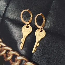 Girly Gold Color Plating Room 520 Letter Engraved Antique Key Charm Hoop Earrings For Women Girl Daily School Decoration Jewelry