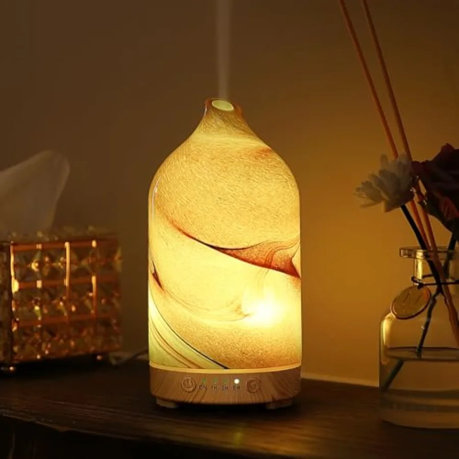 

Essential Oil Diffuser Hand Blown Glass Aromatherapy Diffuser - Ultrasonic Cool Mist Scent Aroma Diffuser, Whisper Quiet with A