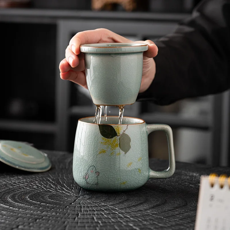 Borneol Hand-Painted Jade Hare Mug with Lid Office Tea Making Ceramic Cup