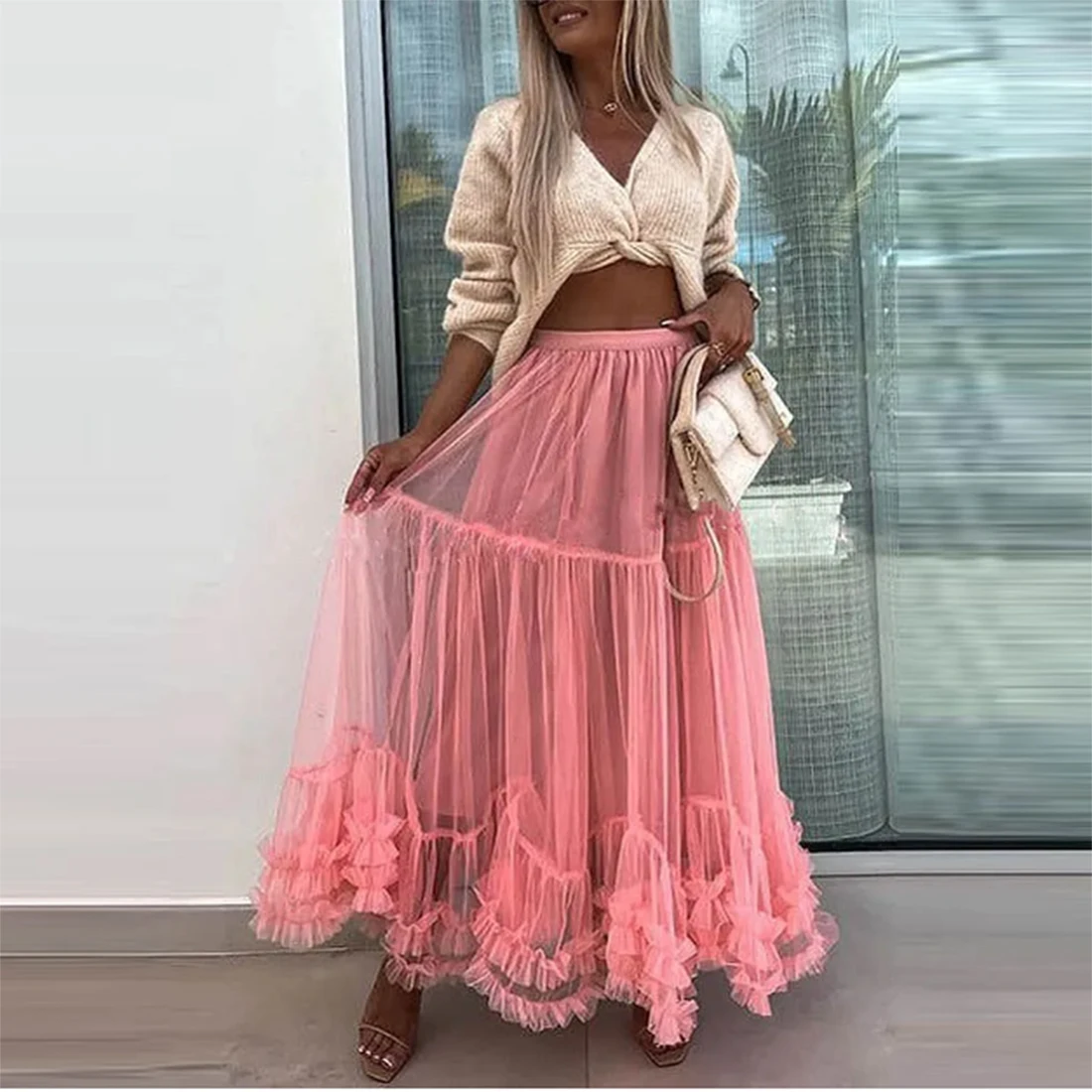 

Ruffles Pink Tulle Skirts Girls Tutu Skirts Faldas Saia Custom Made Color And Size Women Long Fashion A Line Skirt