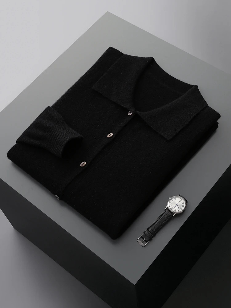 

Мужской кардиган из 100% шерсти, осенне-зимний, с отложным воротником, на пуговицах, однотонный, вязаный, базовый, с длинным рукавом, модный