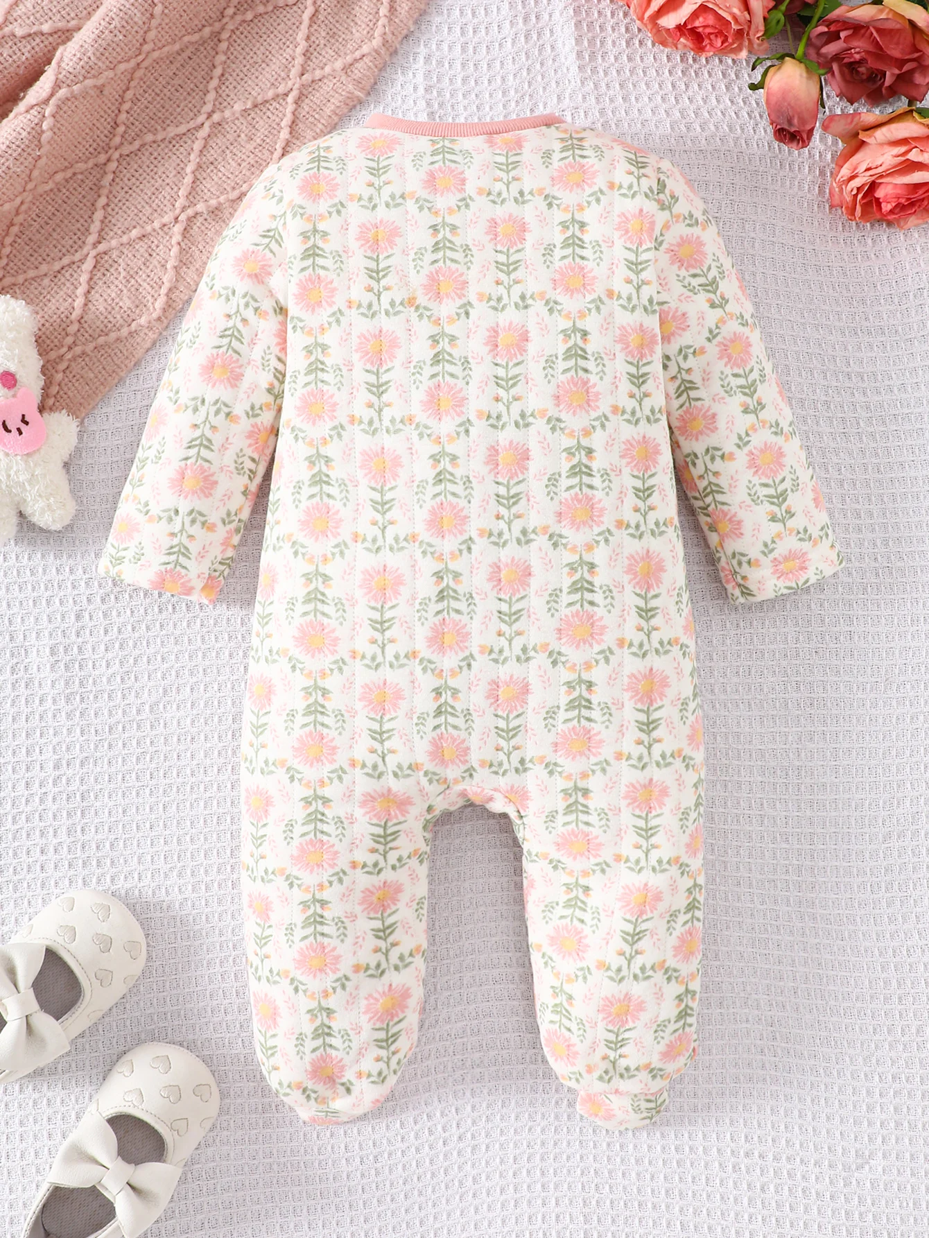 Newborn Baby Girls Long Sleeve Footed Romper Pink Floral Zipper Jumpsuit Soft Cotton..