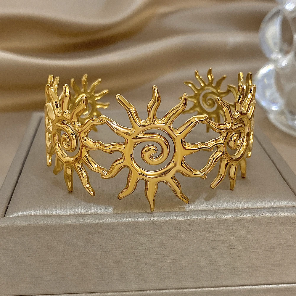 Neue Edelstahl Spirale Hohl Sonnenblume Offene Manschette Armreifen Armband Für Frauen Männer Klassische Vergoldet Wasserdicht Schmuck