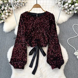 TWOTWINSTYLE Elegant Patchwork Sequins Shirt For Women Round Neck Long Sleeve Loose Patchwork Lace Up  Blouses Female KBL513016