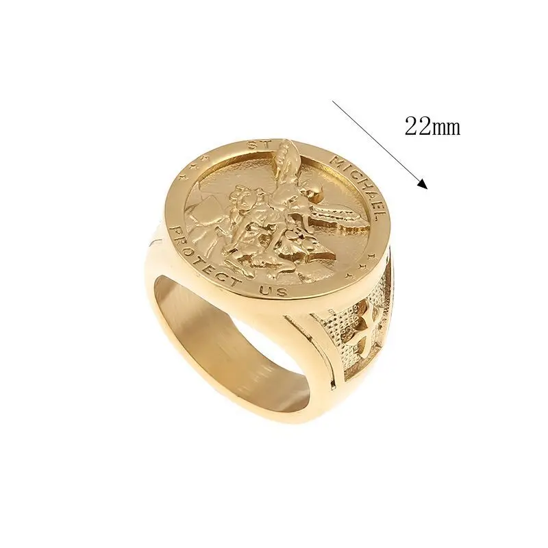 Catholic Angel Michael Gold color Ring For Men Women Punk Stainless Steel Knight Saint Michael Protect Amulet Jewelry Gifts