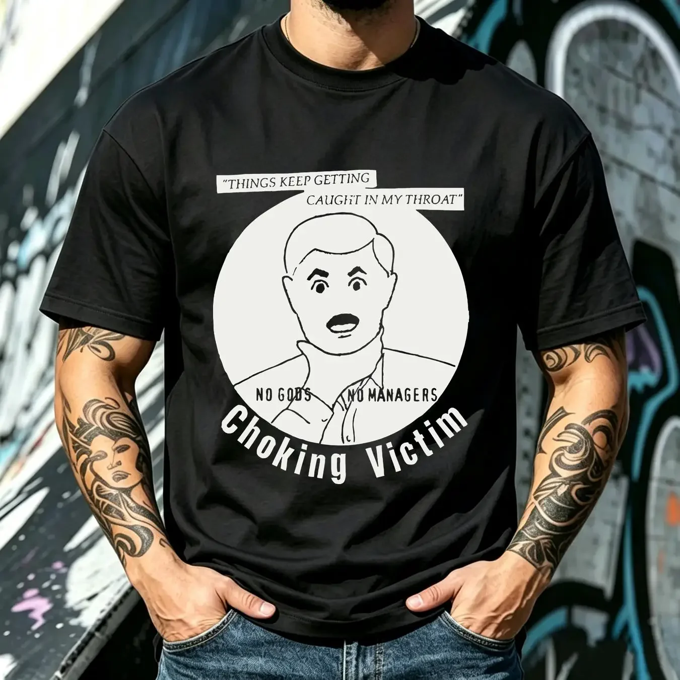 washed T Shirt Men's Choking Victim Caught in my throad Medium Black vintage Washed Breathable Stretched streetwear Stylish