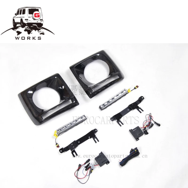 

STLF1990~2018 Year G Class W463 G63 G65 G500 G550 Carbon Fiber DRLs Style Head Lights Covers With Silver Led Lights of W463