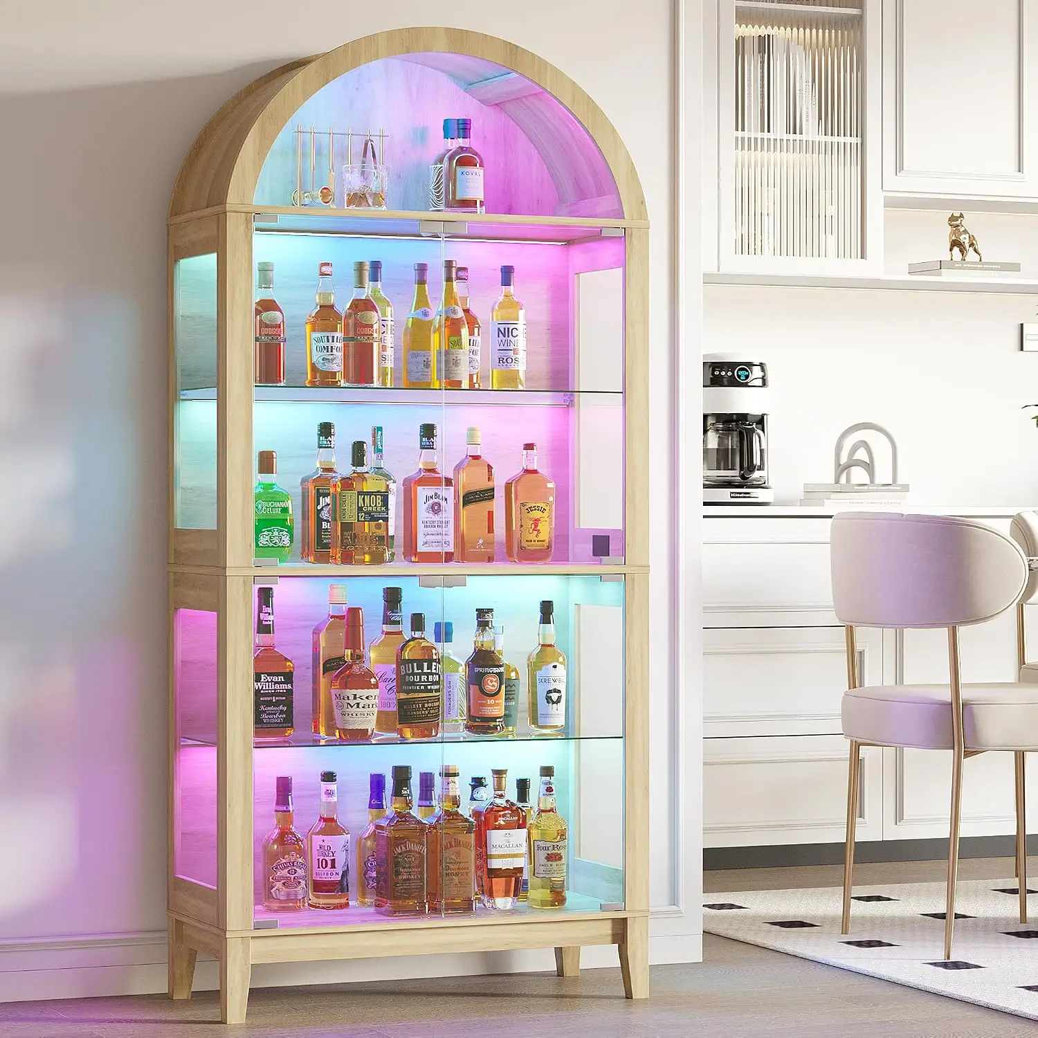 Arched Glass Display Cabinet with Music Sync LED Lights, Natural Wood Finish, Customized