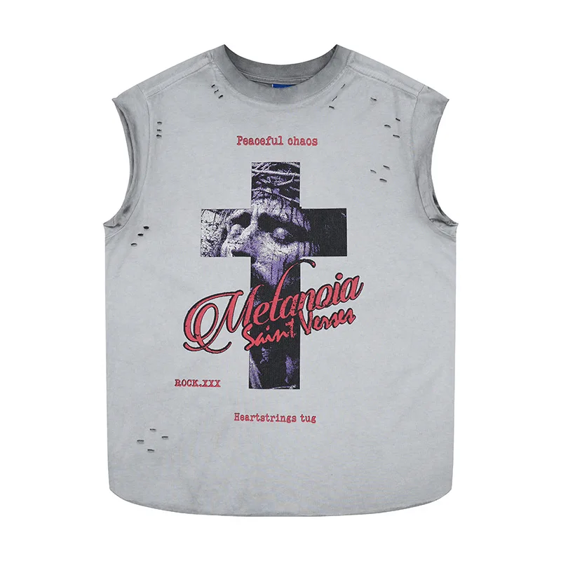 Vintage Cross Tank Tops Y2k Men Summer Oversize Sleeveless Black Gray Tshirt Hole Cut Washed Ripped