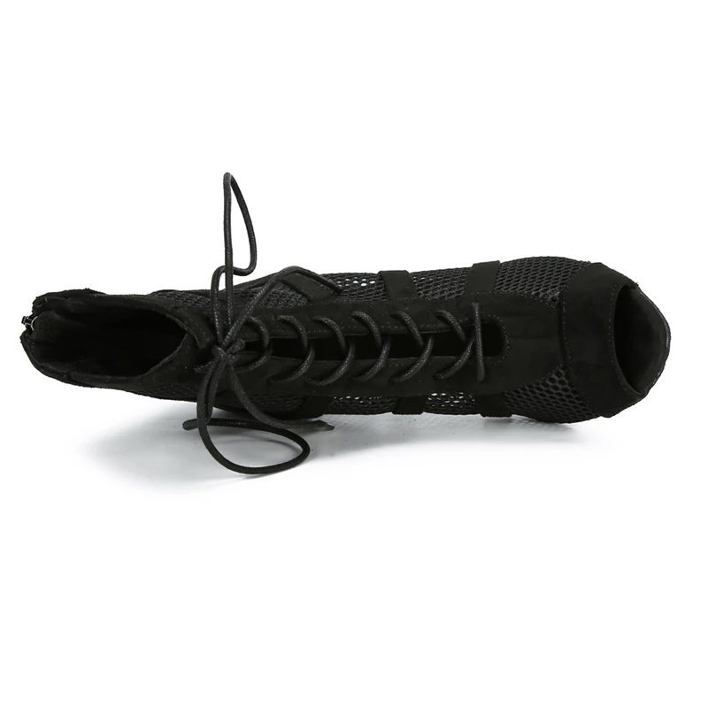 أحذية رقص لاتينية عصرية سوداء، أحذية رقص مثيرة بكعب عالٍ وسحاب من جلد الغزال شبكي أسود