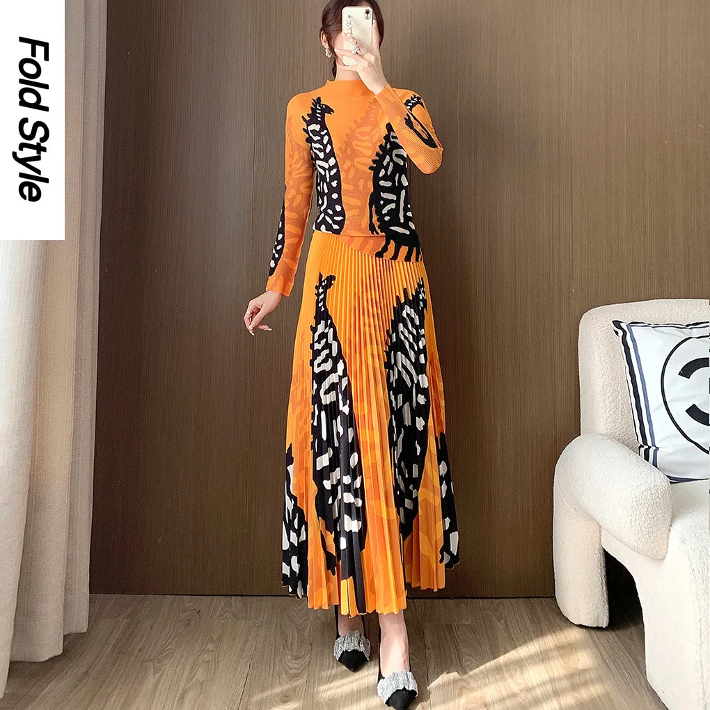 

Fashionable Pleated T-shirt, Long Skirt, Two-piece Set, High-quality Spring Clothing for Miyake, 2024, New Women's Clothing