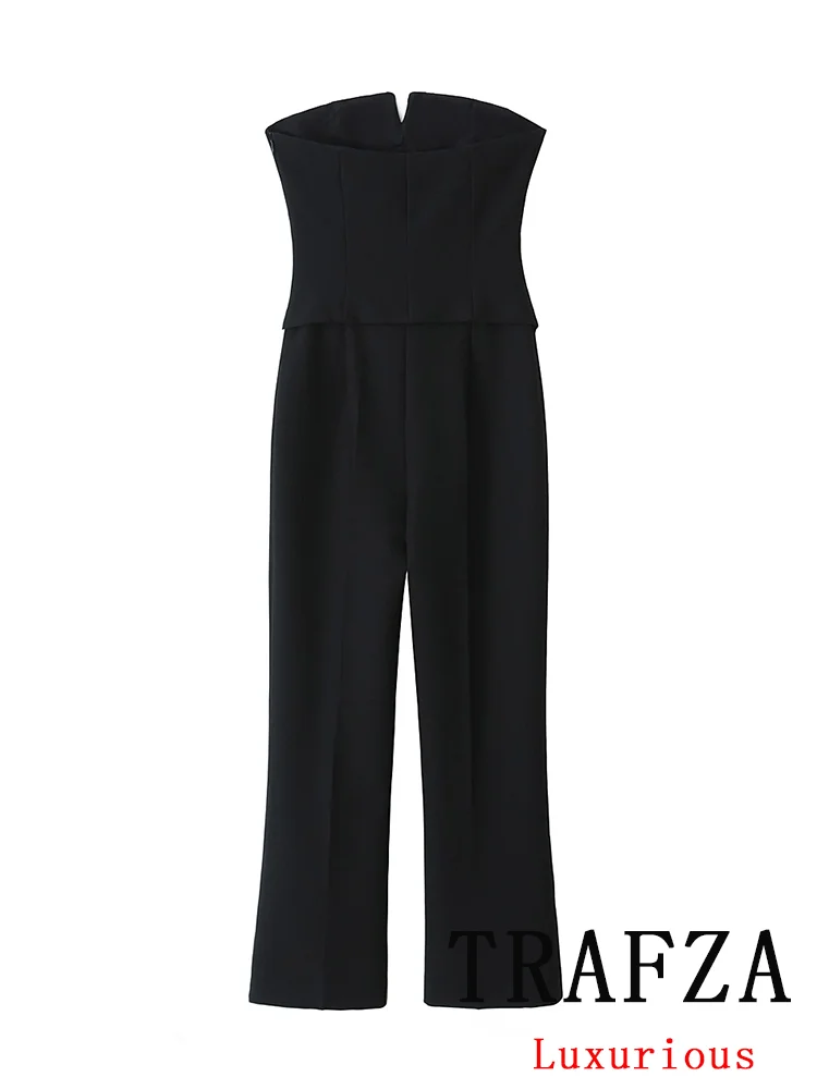 TRAFZA Vintage Casual Chic Women Jumpsuit Solid Black Sleeveless Bow Long Pants Fashion 2024 Spring Summer Holiday Bodysuit