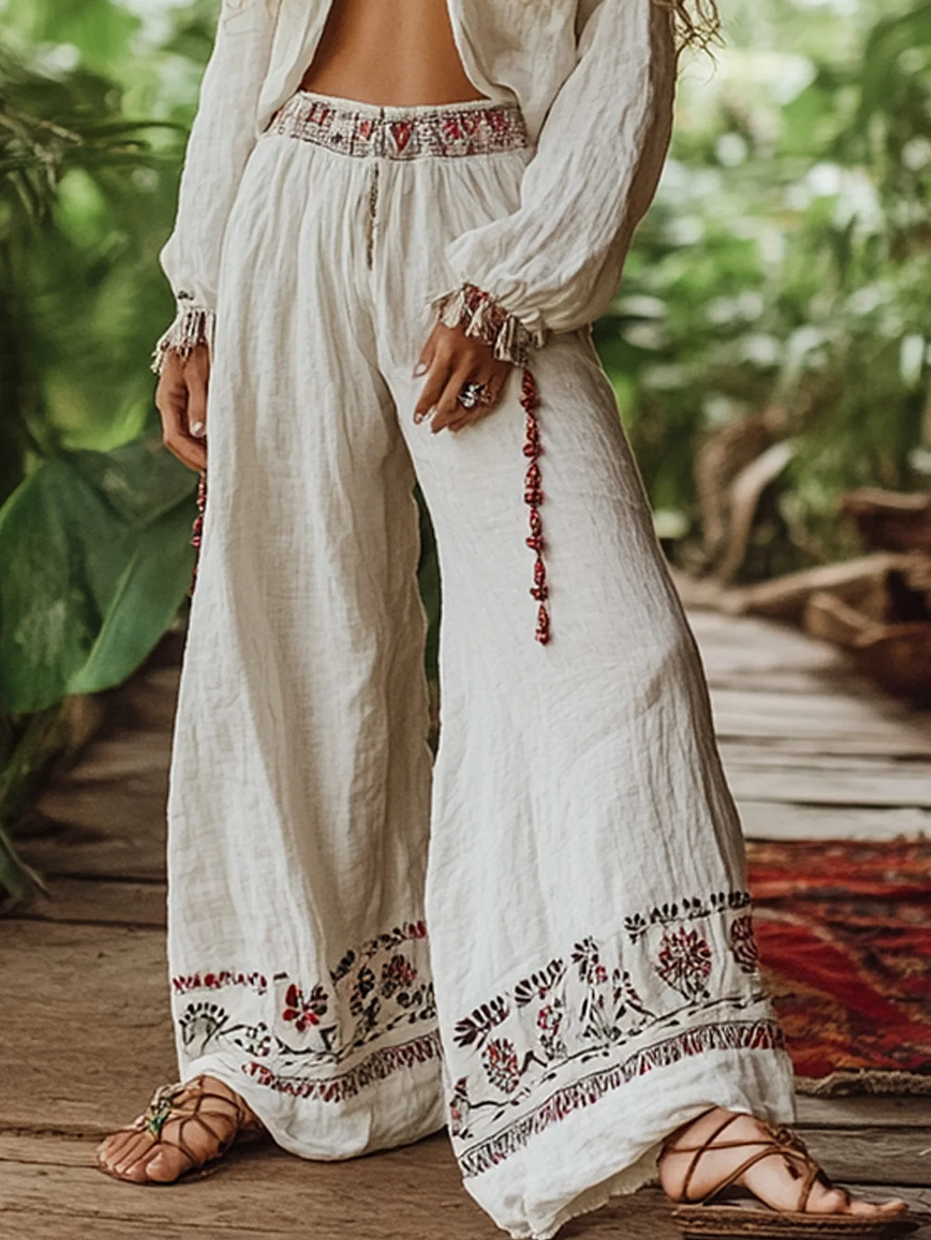 

Women's Casual Chic Ethnic Wide Leg Pant Elastic High Waist Bohemia Harajuku Loose Soft Trousers Summer Casual Female Pants