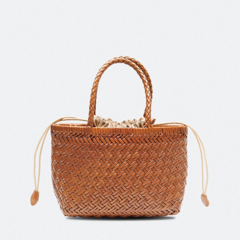 

Women Leather Weave Handbags Feminine Handmade Woven Bucket Bag With Cotton Inner Pockets Casual Knitting Leather Handle Bags