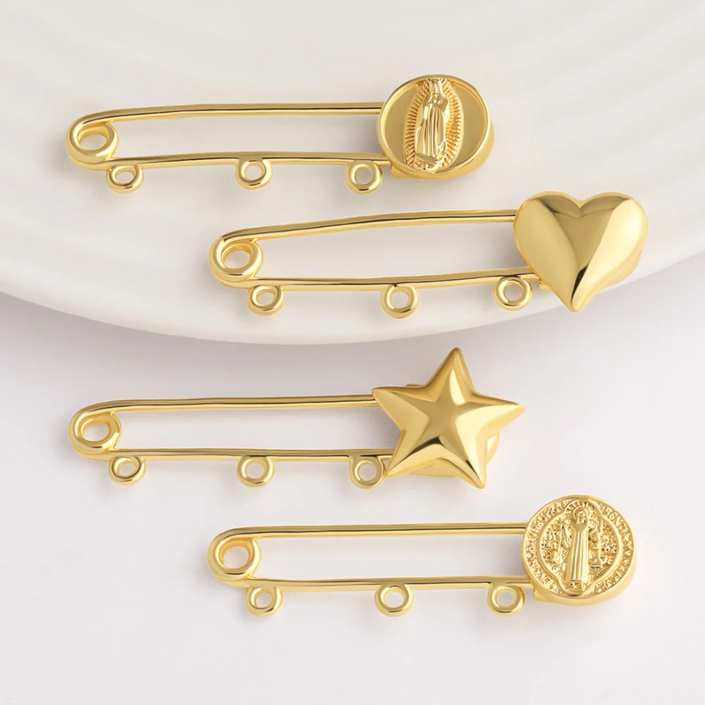 OCESRIO Safety Pin Pendant for Jewelry Making Gold Plated Heart Star Virgin Mary Multi Loops Brooch Jewelry Craft pdtb865