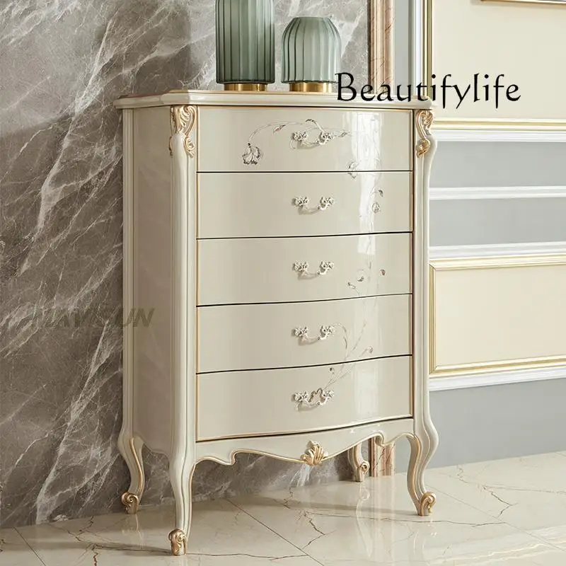

American Solid Wood Chest Of Drawers White Light Luxury Hand-Carved Pattern Storage Cabinet Simple Bedroom Home Kitchen Stand